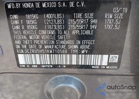 2019 Honda Hr-V Ex из США, поврежденный, VIN 3CZRU5H51KM710589